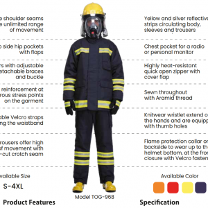 Fireman FIGHTING SUIT ,with DuPont™ NOMEX®, an inherently heat-resistant and flame-resistant, designed to react in an emergency. tested to EN 469 by BTTG (UK) and NFPA 1971 by (USA) for compliance with the Int fire safety standard,  SW brand.